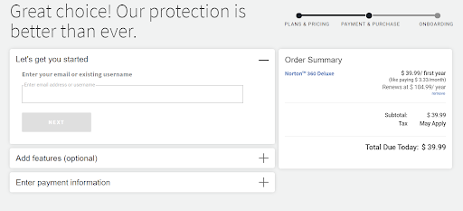 Norton 360 Deluxe checkout looks like this