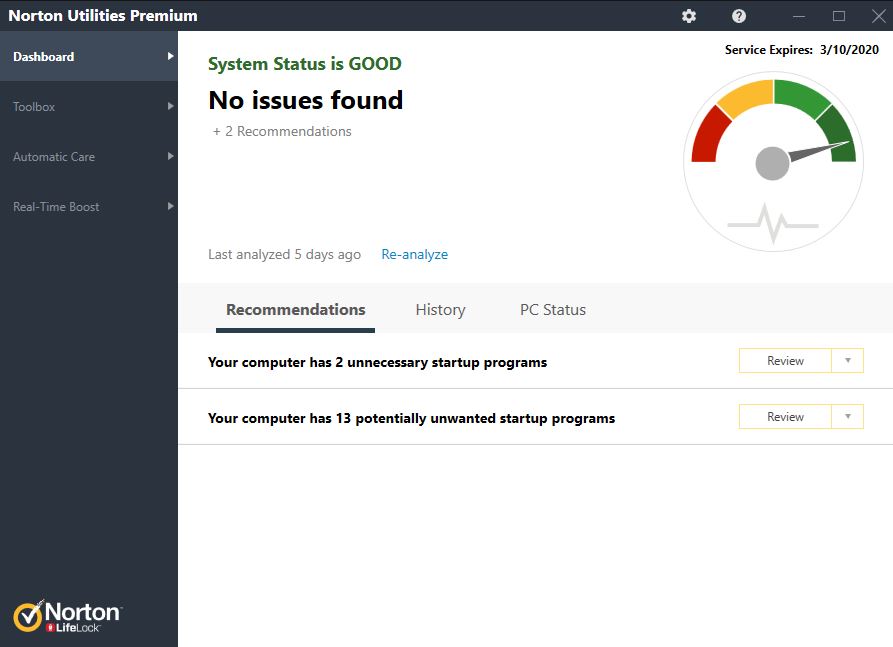 Norton Utilities Premium Dashboard