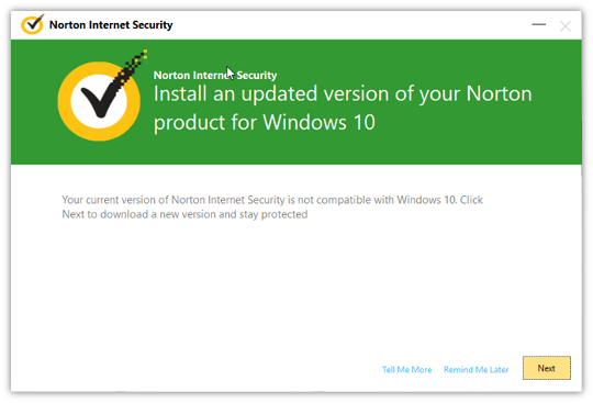Install uprated version of your Norton Product for Windows 10